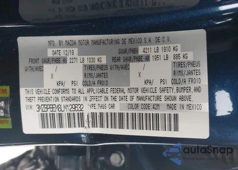 2020 Mazda Mazda3 Premium Package from USA, damaged, VIN 3MZBPBEM8LM129632